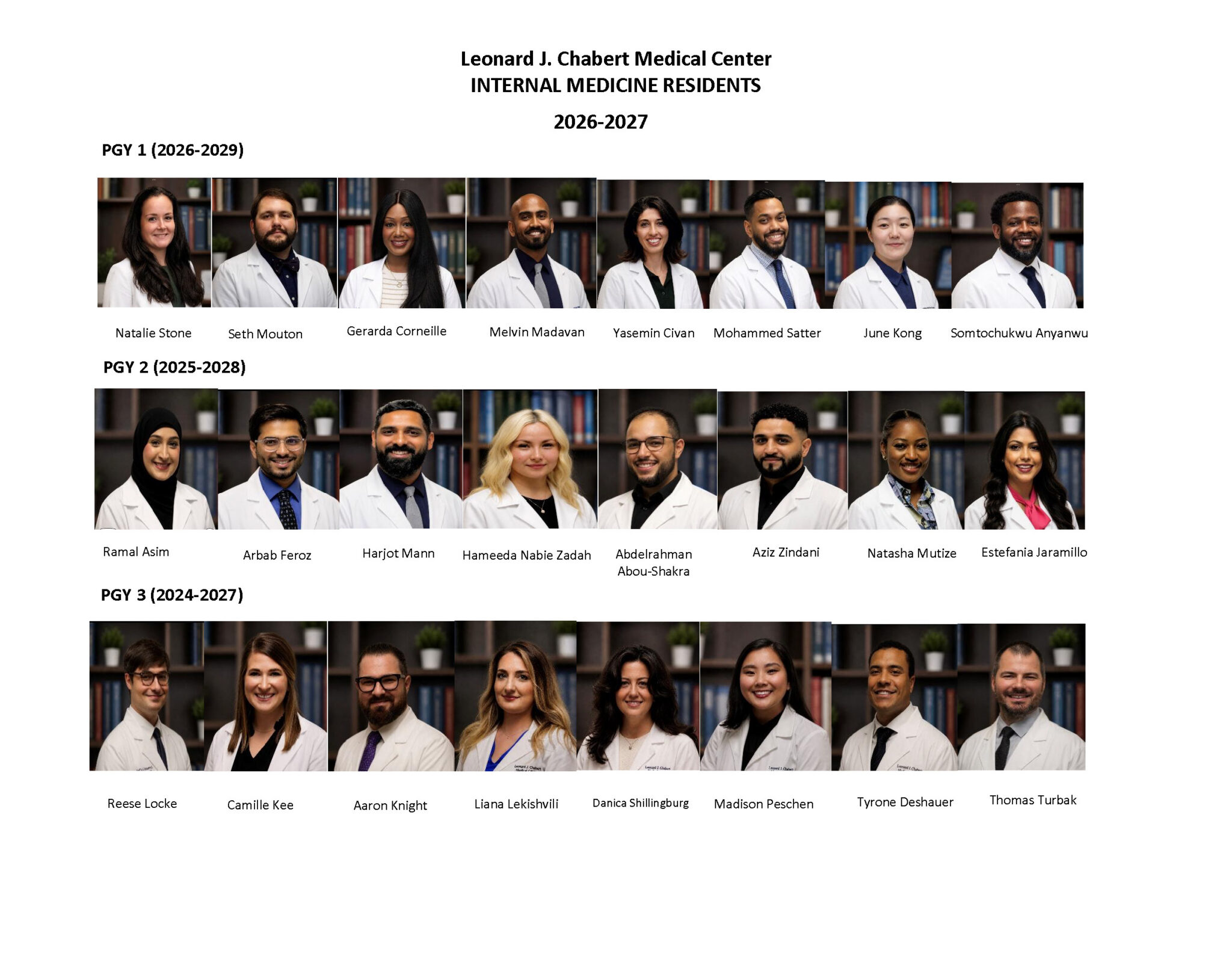 Leonard J. Chabert Medical Center Internal Medicine resident roster for the 2026-2027 academic year